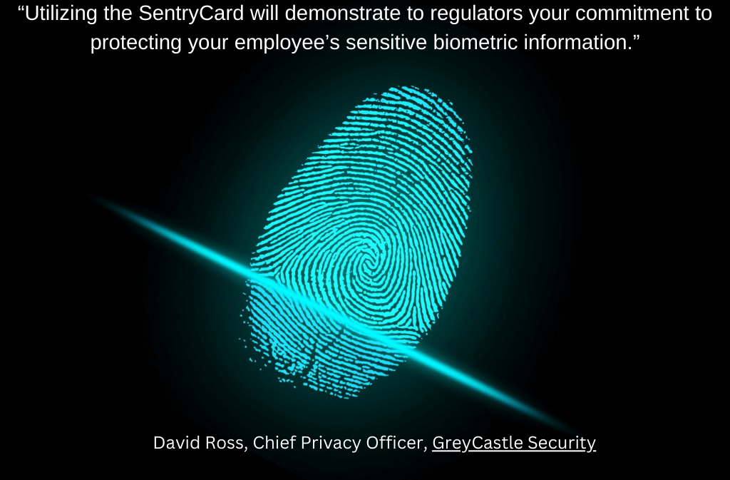 A quote from a customer of Sentry Biometric Smart Card highlighting that it complies with current biometric information regulations. The image is of a turquoise fingerprint with a laser line going through it at an angle. 